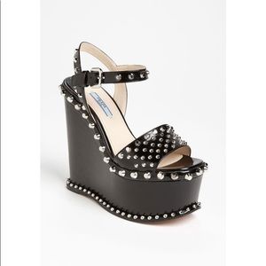 Prada Studded Platform Sandal Wedges BLK NEW